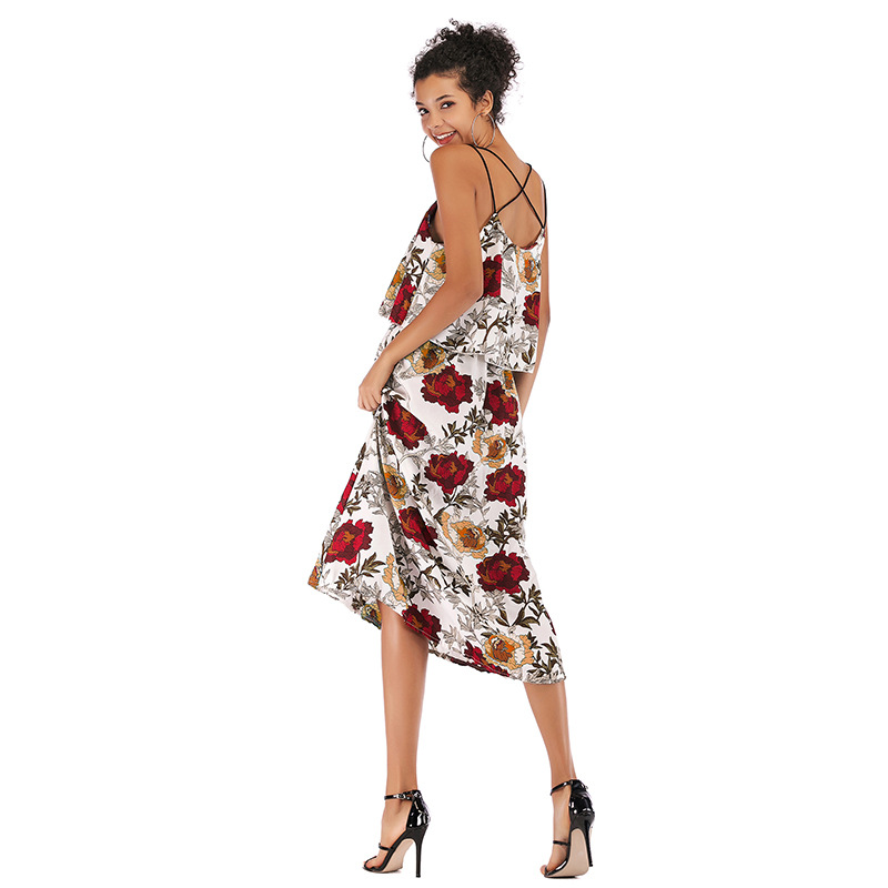 Summer Womens Dress Slim Fit Backless Waist Cinching Fresh Floral Print Chiffon Fabric Perfect for Casual