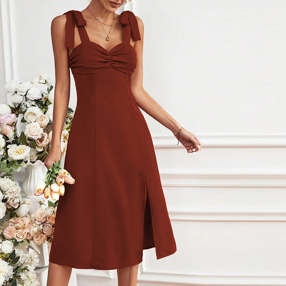 European and American Market, Women's Mid Length Dress — Fashionable Design, Pleated Front, Waist Defining, Side Slit — Casual