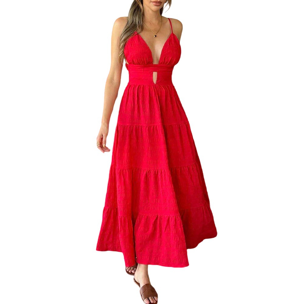 Sexy Red V Neck Maxi Dress Womens Spring Summer Fashion Elegant A Line Silhouette Wholesale Available