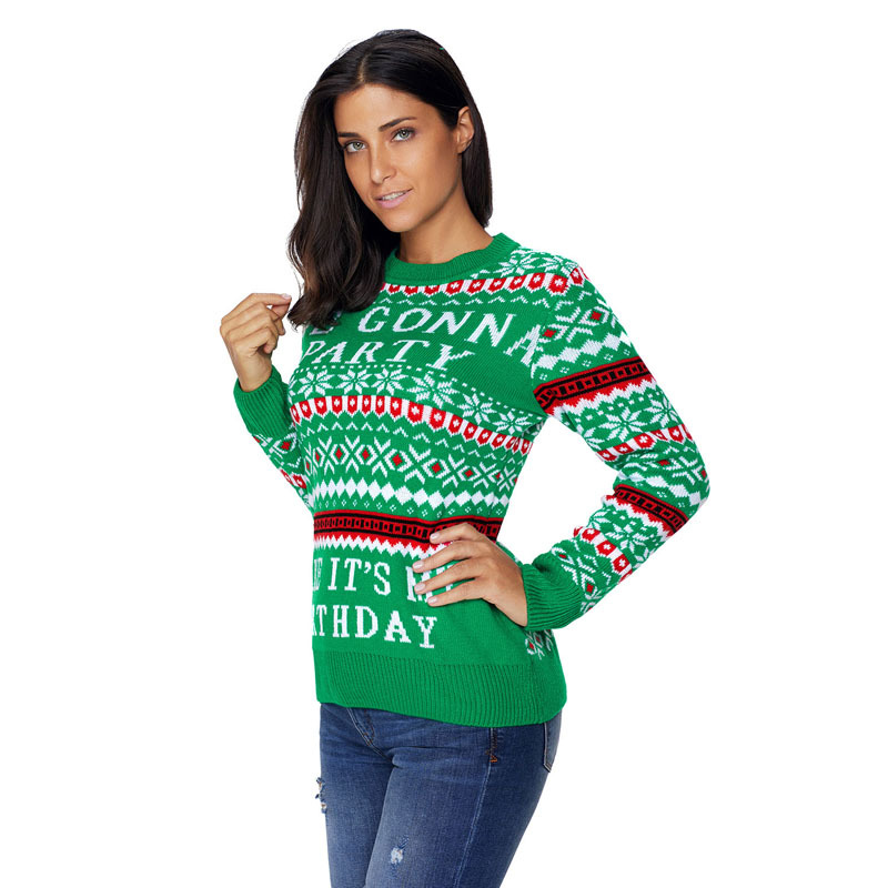 Womens Christmas Sweater Long Sleeve Knit Letter Patchwork Round Neck Casual Autumn Wear Wholesale Available