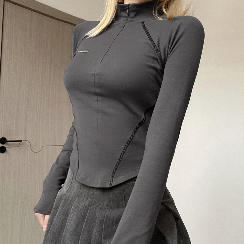 Womens T Shirt Invisible Zipper Stand Collar Contrast Stitching Street Fashion for Fall Winter Wholesale Available