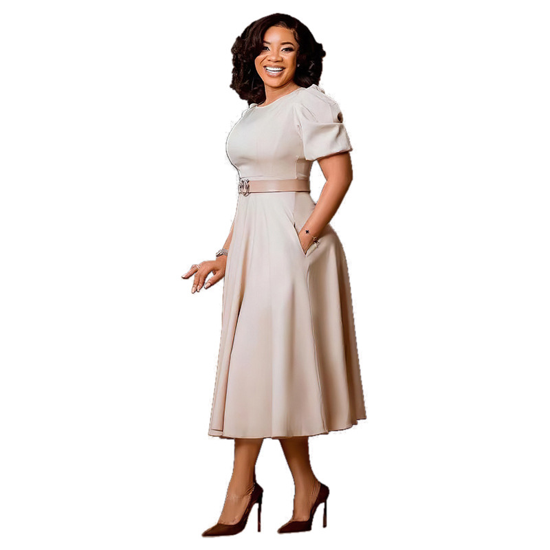 Elegant Women's A Line Dress with Round Neck, Puff Sleeves, and Waist Cinching Design for Cross Border Fashion in Africa and E