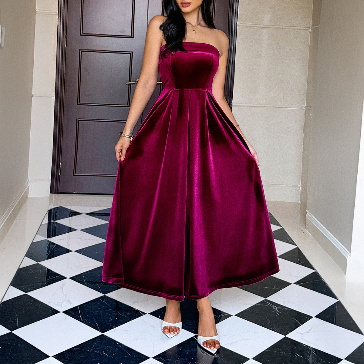 Elegant Strapless Solid Color Long Dress for Women
