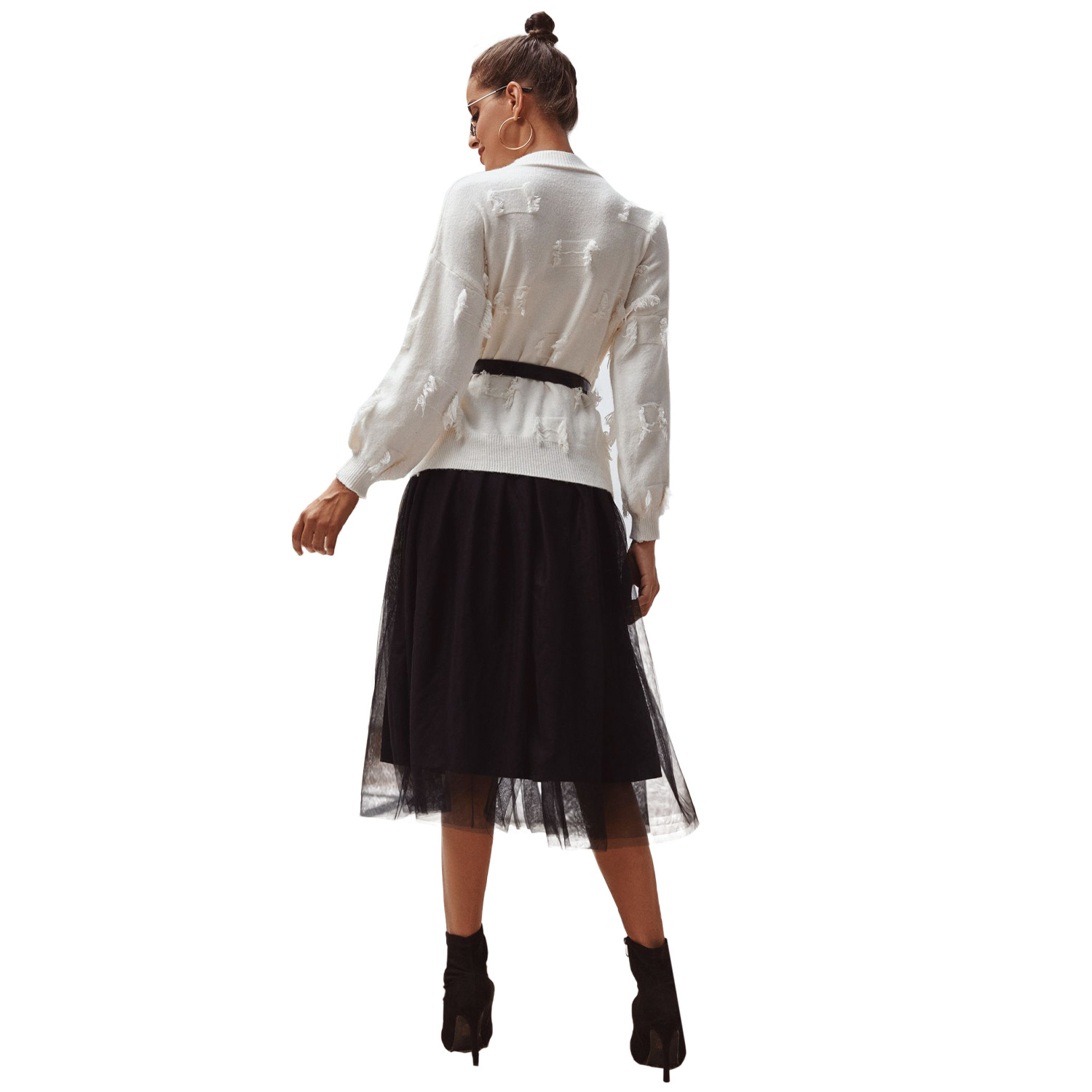 Womens Knit Sweater Slim Fit Lantern Sleeves Frayed Hem Winter Fashion for Casual Wear Wholesale Available