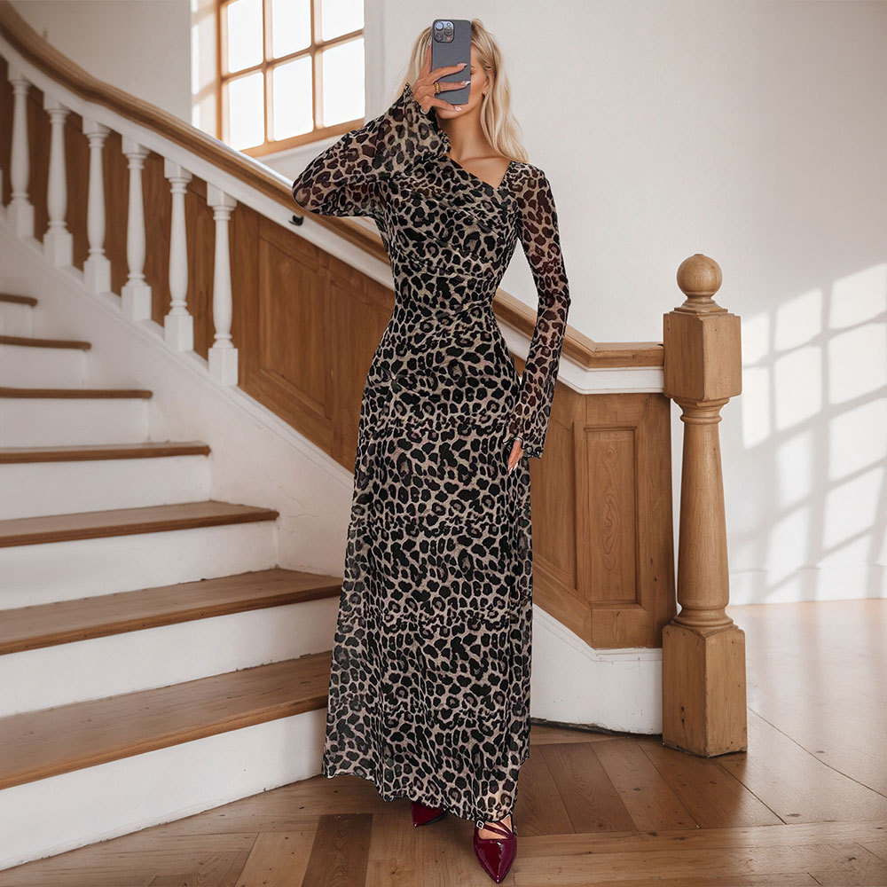 New Cross Border Women's Dress with Asymmetrical Neckline, Long Sleeve, Sexy Leopard Print, Elegant Long Party Dress