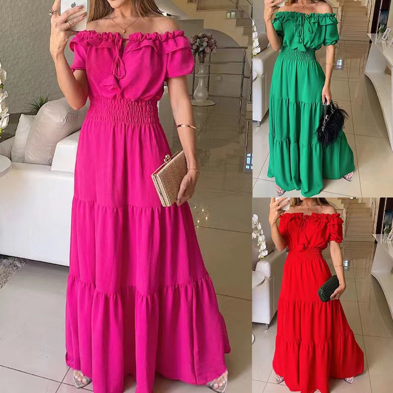 European and American Market Fashionable Solid Color Strapless Ruffled Sleeve Maxi Dress — Elegant, Trendy, Comfortable — Casu