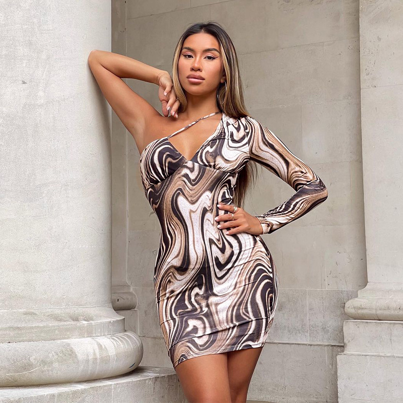 Summer Womens One Shoulder Long Sleeve Bodycon Dress Water Wave Print Trendy Design Perfect for Parties Wholesale