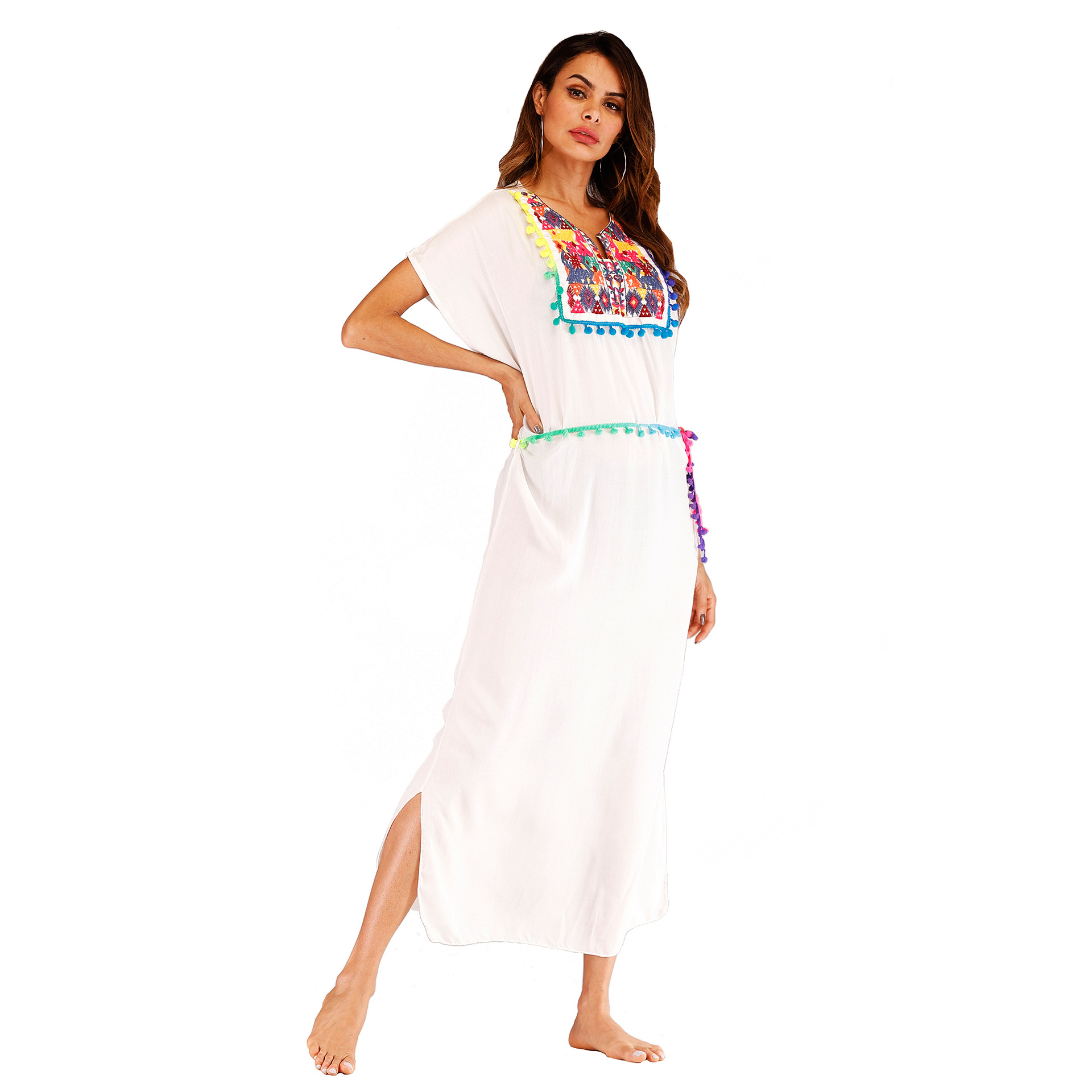 Embroidered Colorful Tassel Split Long Beach Cover Up Dress Stylish Bohemian Design Perfect for Summer Vacations