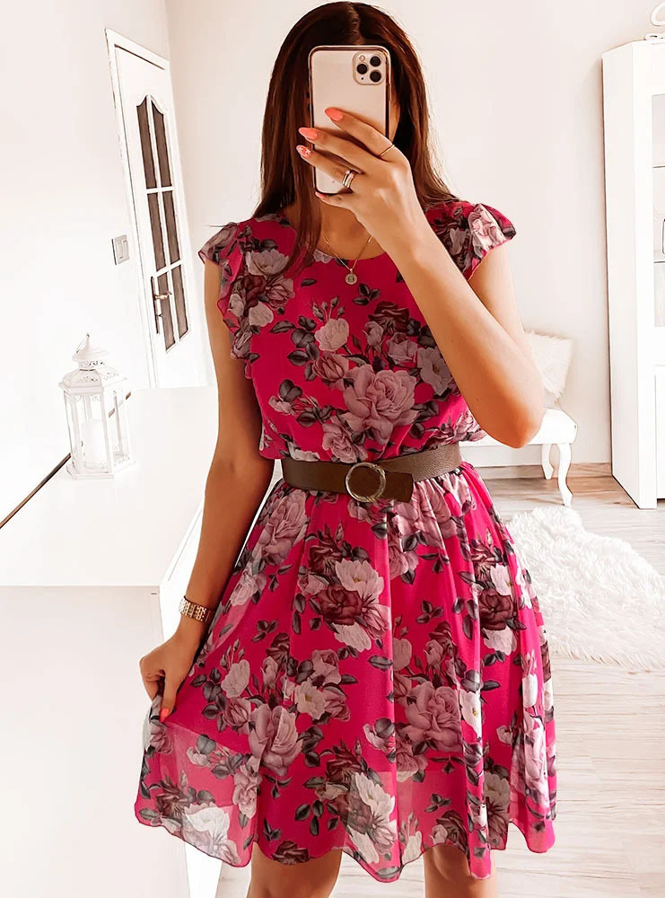 Summer Floral Print Chiffon Dress Ruffle Short Sleeves Elegant Design Lightweight Fabric Perfect for Vacation