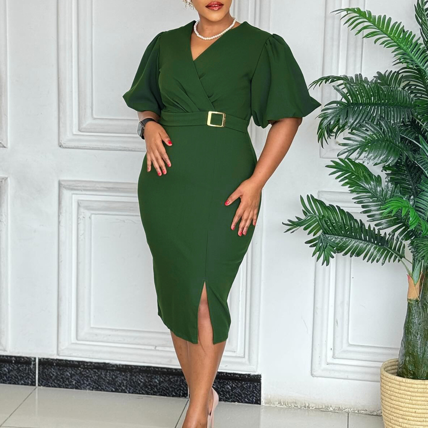 Fashionable V Neck Puff Sleeve Solid Color Bodycon Dress with Waist Tie and Side Slit for Women Trendy African Style Dress