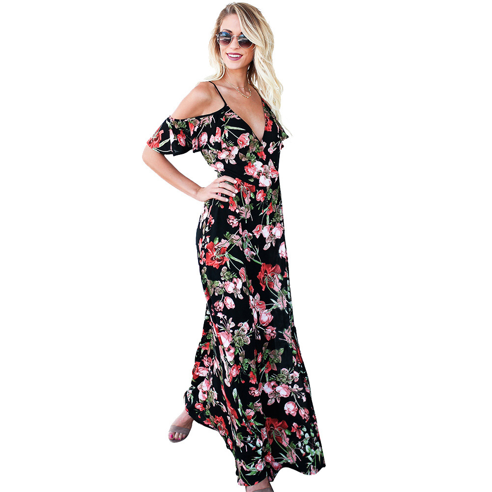 Floral Maxi Dress Off Shoulder V Neck High Waist Sexy Design Spring Summer Fashion Wholesale Available