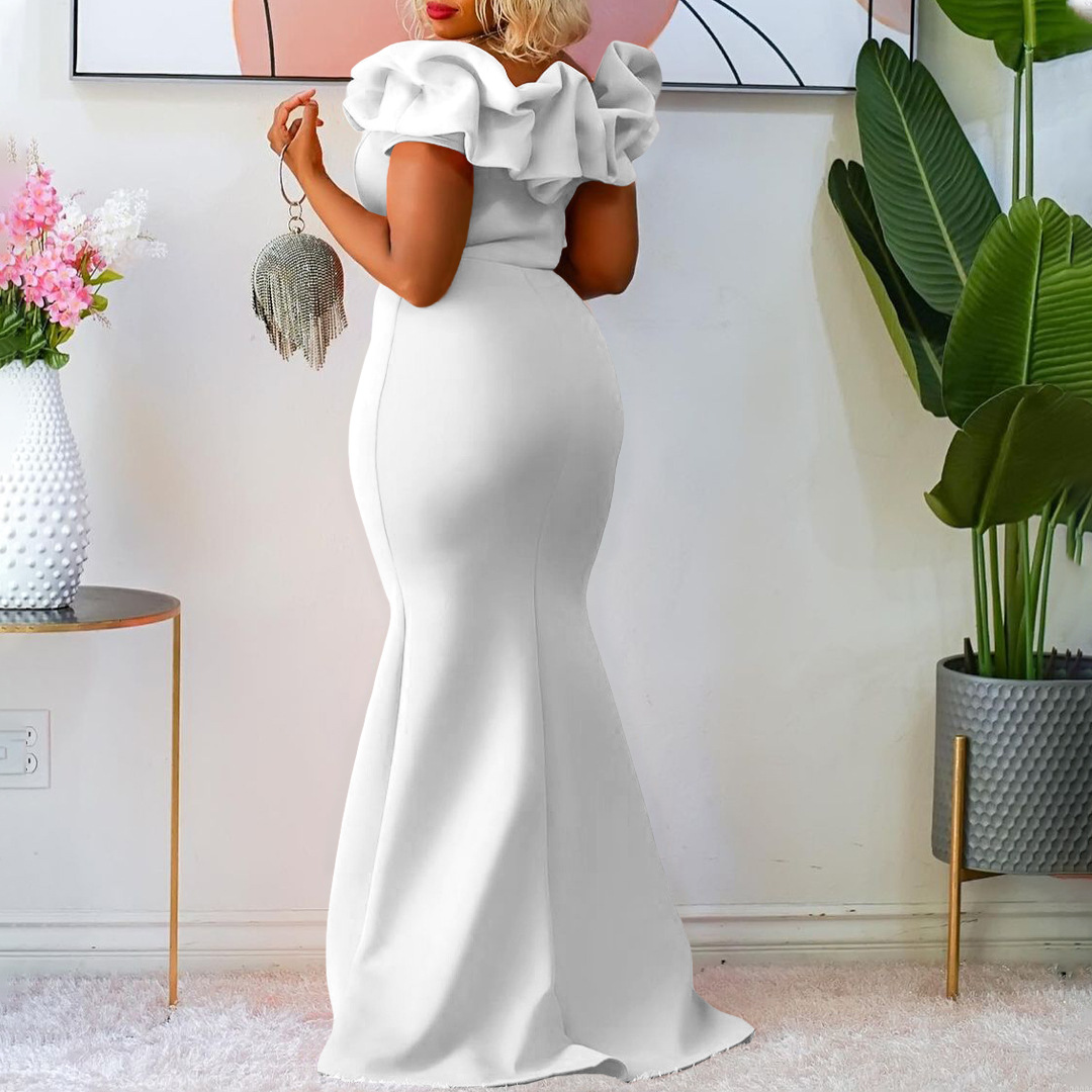 European Market Elegant Mermaid Dress — Solid Color, Ruffle Trim, Slim Fit, Evening Gown — Formal Occasion — Wholesale Supply