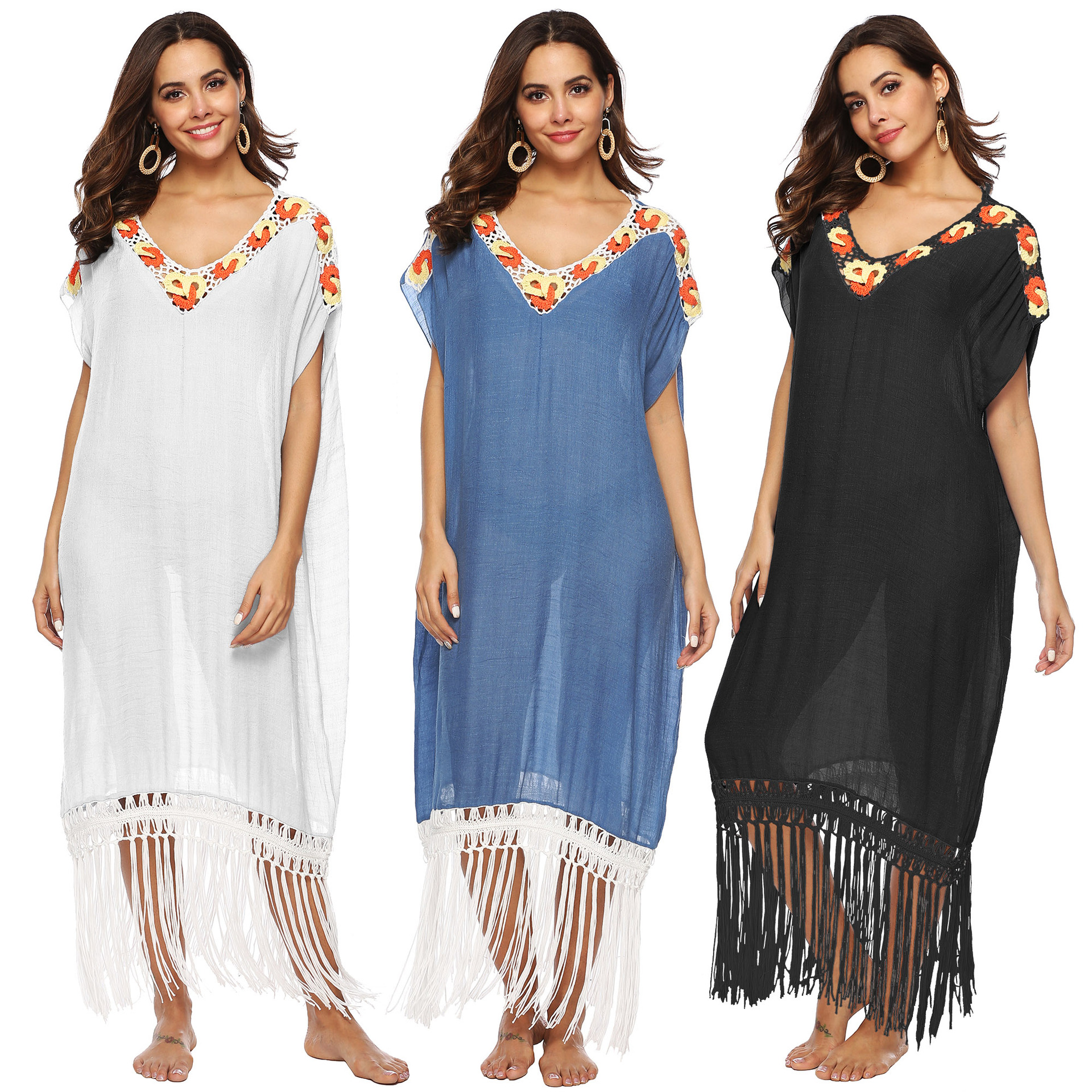 Bohemian Crochet Patchwork Maxi Dress Loose Fit Short Sleeve V Neck Tassel Detail Beachwear for Summer OEM