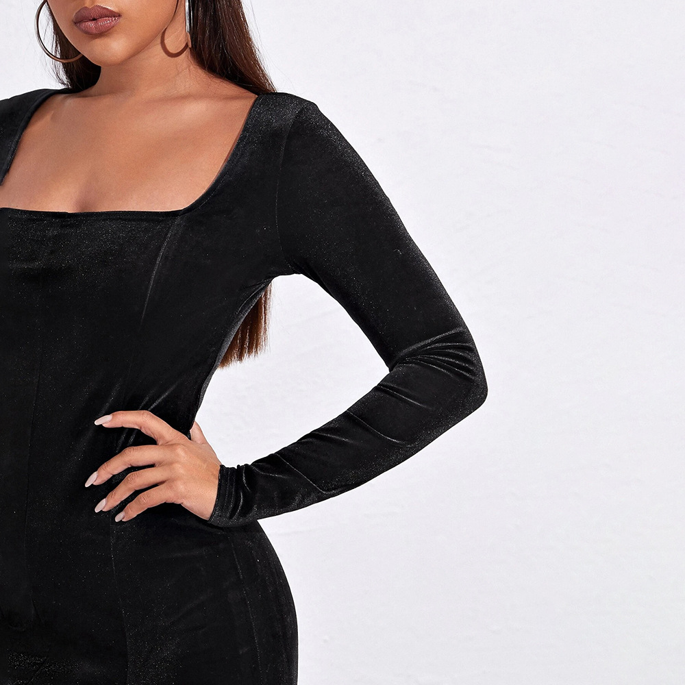 New European and American Style Sexy Split Square Neck Elegant Bodycon Velvet Long Sleeve French Dress