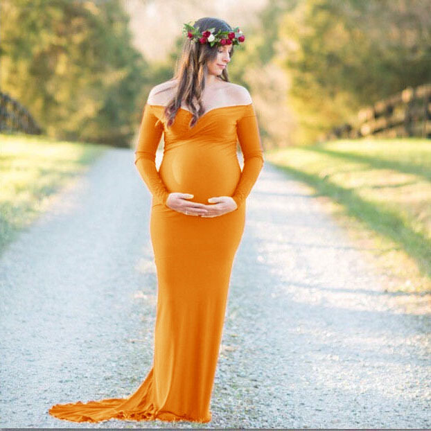 Maternity Long Dress V Neck Silk Cotton Elegant Train Spring Summer Photography Outfit Wholesale Available