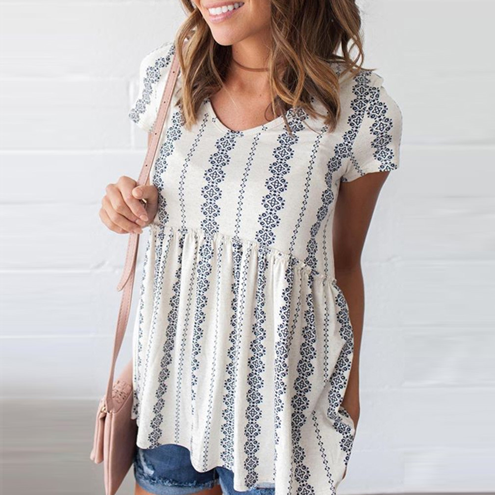 Womens Summer Loose Fit T Shirt Unique Floral Print Round Neck Short Sleeve Casual Wear Wholesale Available
