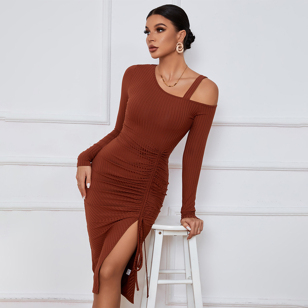 European and American Style Women's Dress with Drawstring, Slit, Off Shoulder, Autumn and Winter, Bodycon, Long Sleeve