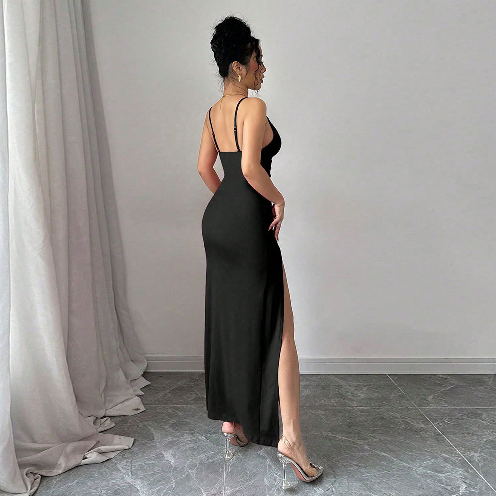 New European and American Style Women's Hollow Sexy Strap Dress Summer Simple Black Banquet Long Dress