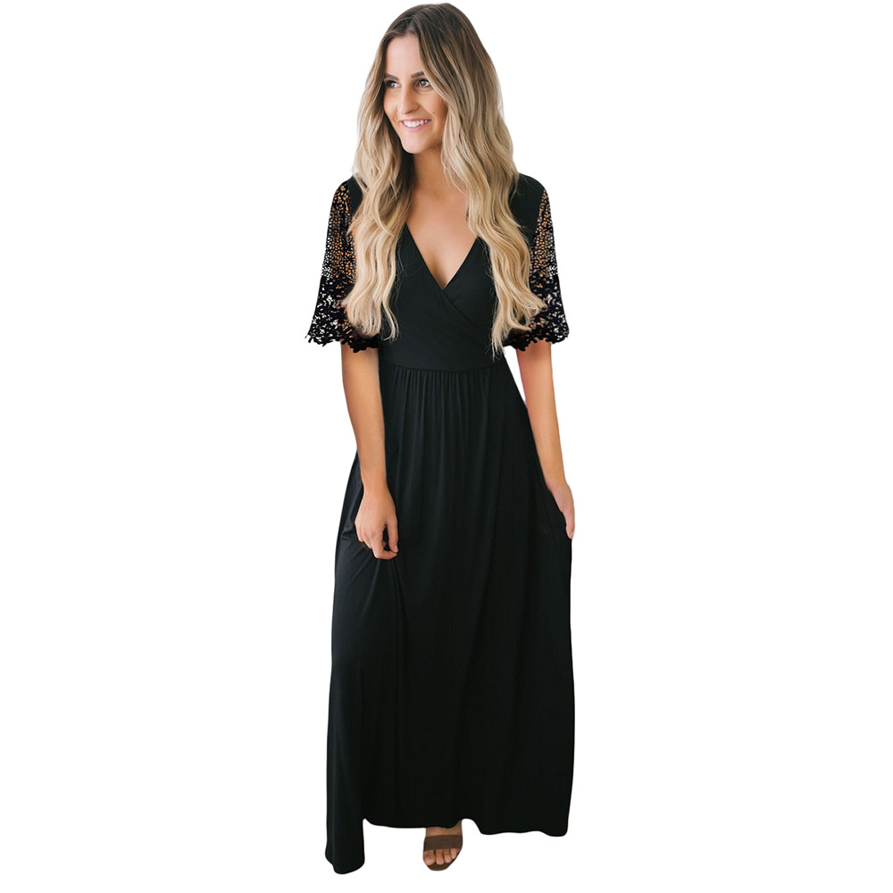 Elegant Womens Summer Dress Lace Panel Short Sleeve V Neck Mid Waist Knitted Fabric Perfect for Casual Outings