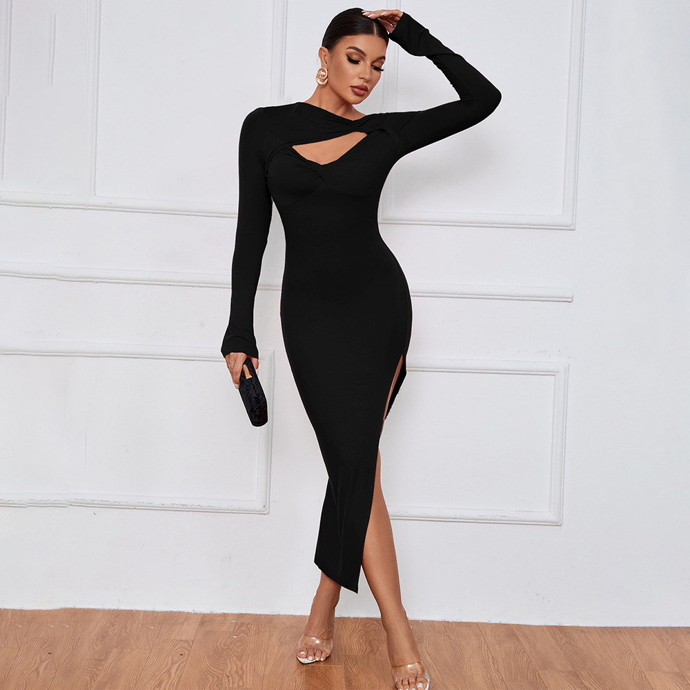 Popular Women's Long Slim Fit Bodycon Dress with Side Slit and Long Sleeves