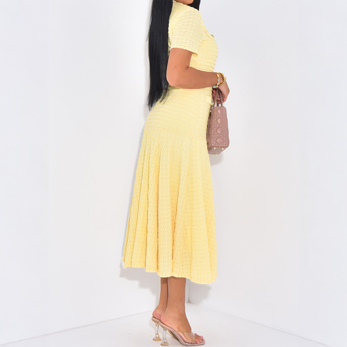 European and American Simple Elegant Button Short Sleeve Long Dress for Women Autumn and Winter