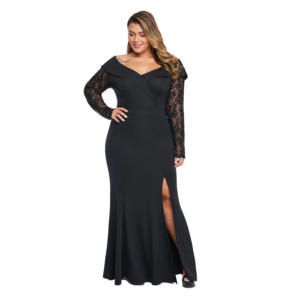 Plus Size Floral Lace Panel Long Sleeve Dress V Neck Elegant High End Perfect for Formal Occasions Wholesale