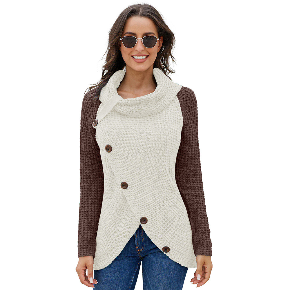 Womens Winter Sweater Color Block High Neck Button Detail Long Sleeve Asymmetrical Knit Casual Wear OEM