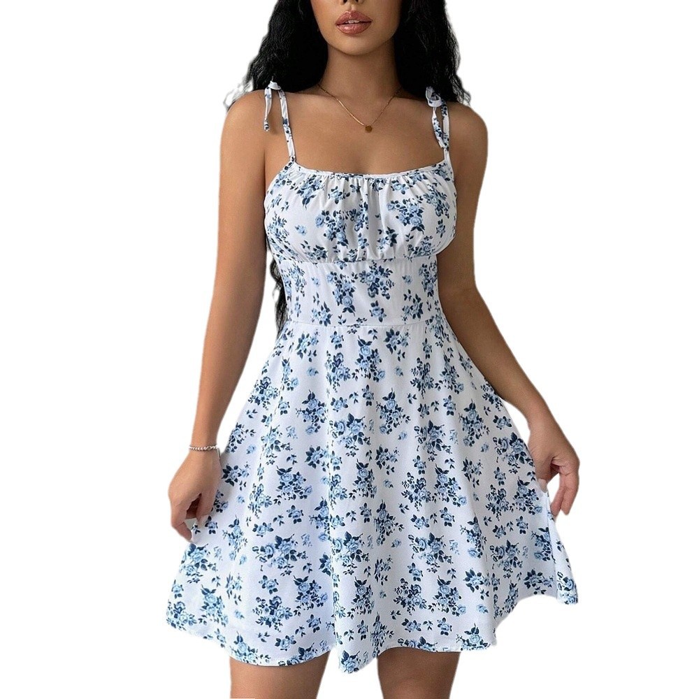 Floral Print Short Dress Sleeveless Square Neck Summer Style Casual Wear for Women Wholesale Available