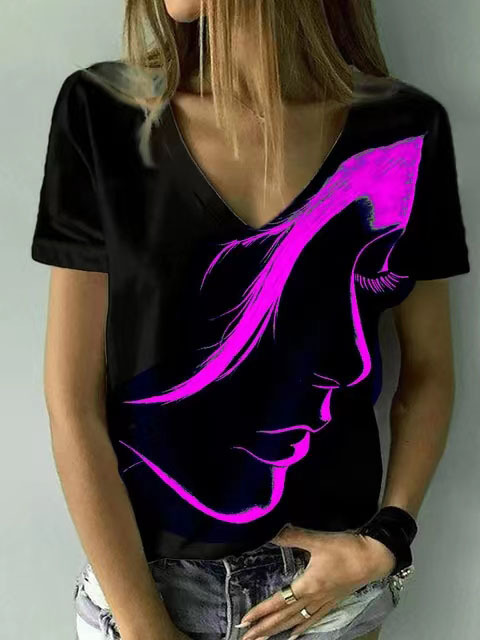 V Neck Printed Short Sleeve T Shirt for Women Casual Style Lightweight Fabric Trendy Design Wholesale Available