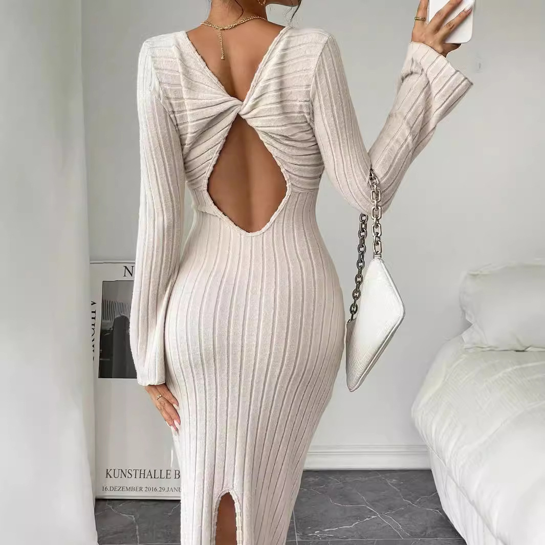 Sexy Backless High Waist Split Long Dress Elegant Design Autumn Winter Style Wholesale Womens Fashion Apparel