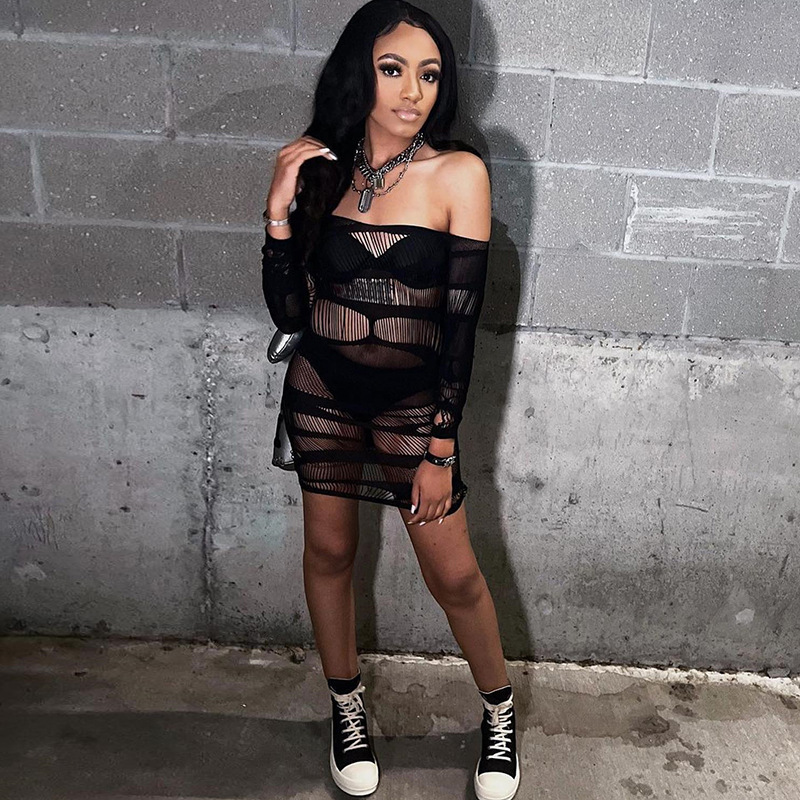 European and American Women's Fashion Spring and Summer Nightclub One Shoulder Long Sleeve Mesh Dress