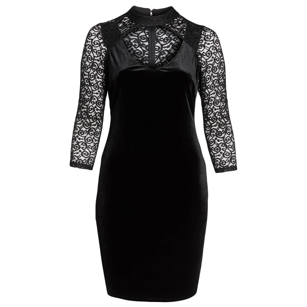 Velvet Evening Dress for Women Lace High Neck Hollow Out Three Quarter Sleeve Bodycon Plus Size Formal Occasion