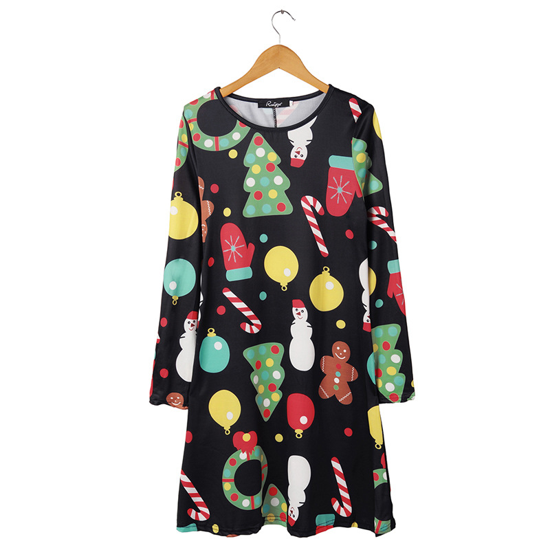 Long Sleeve Christmas Dress Floral Print Mid Waist Elegant Design Autumn Winter Fashion for Women Wholesale