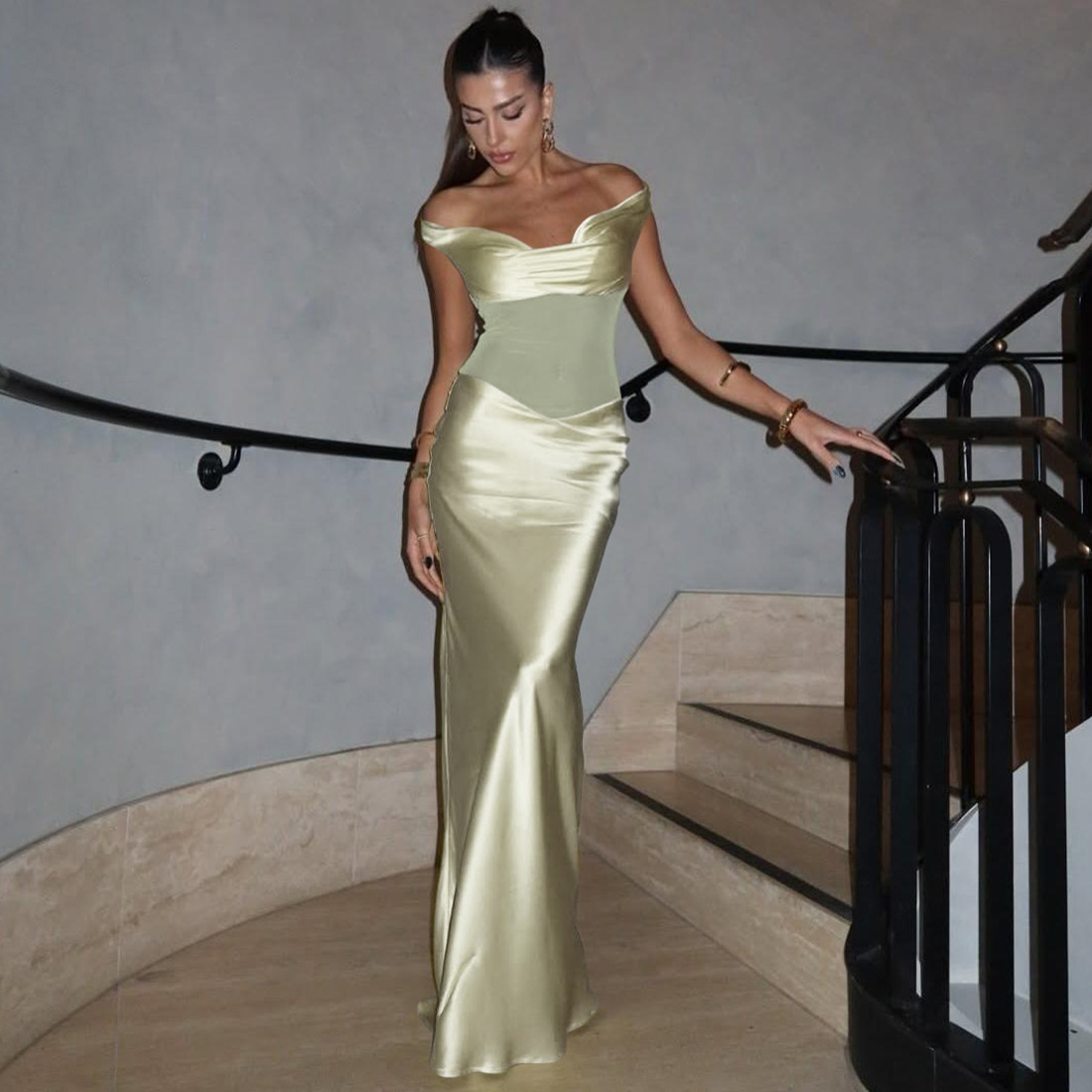 Fashionable Women's Off Shoulder Sheer Mesh Bodycon Maxi Dress for Cross Border Style, Elegant and Sexy Evening Wear