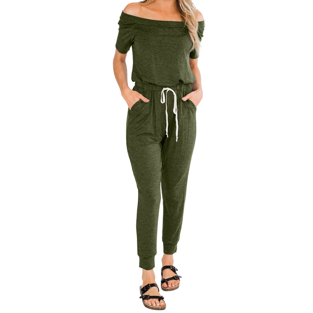 High Waisted Womens Casual Sports Jumpsuit European Style Off Shoulder Drawstring Comfortable Fabric Ideal for