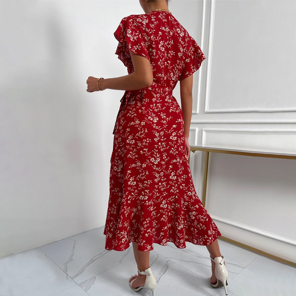 Sexy Deep V Tie Waist Floral Vacation Midi Dress for Women
