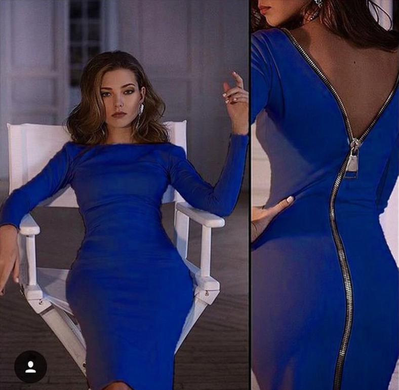 Knee Length Knitted Dress Sexy Back Zipper Long Sleeve Comfortable Fabric Nightclub Wear Ready to Ship