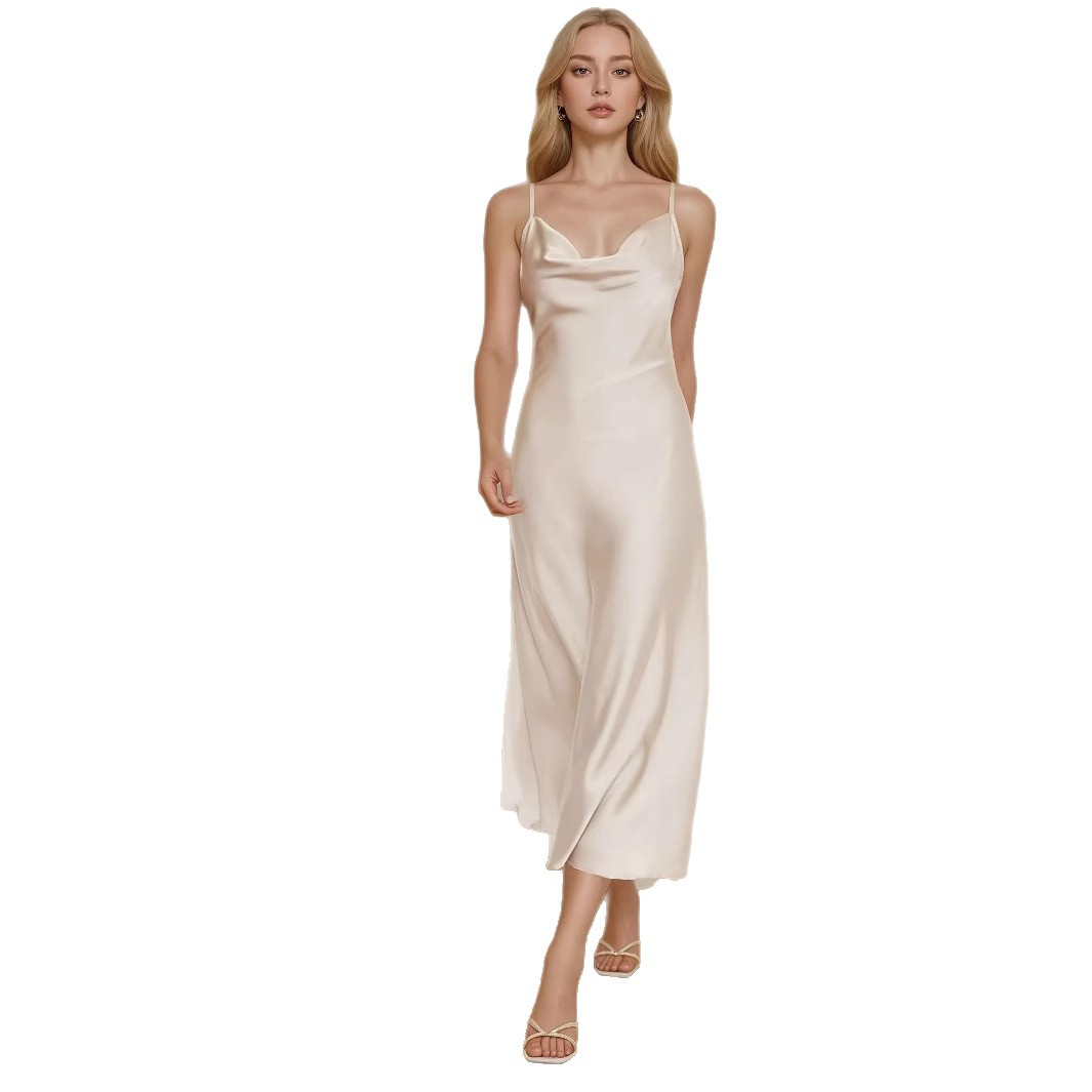 European and American Market Women's Fashion — New Acetate Satin Dress, Sexy French Style, Spaghetti Strap, Long Maxi Dress —
