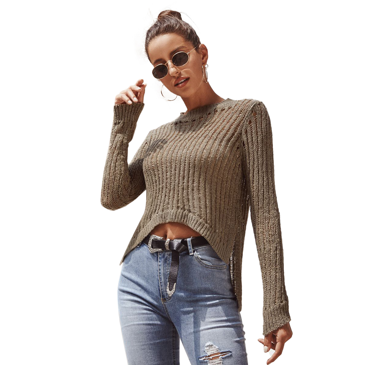 High Stretch Knit Sweater Irregular Hollow Design Slim Fit Short Length Womens Casual Wear for Spring and Autumn