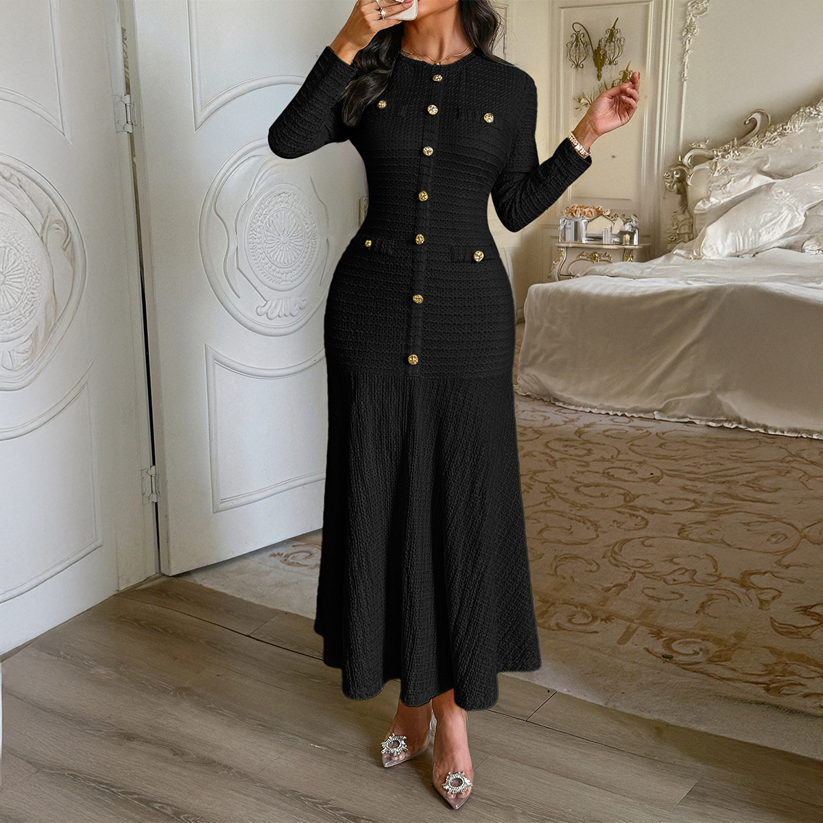 Elegant Style Short Sleeve Solid Color Long Dress for Women Autumn Winter