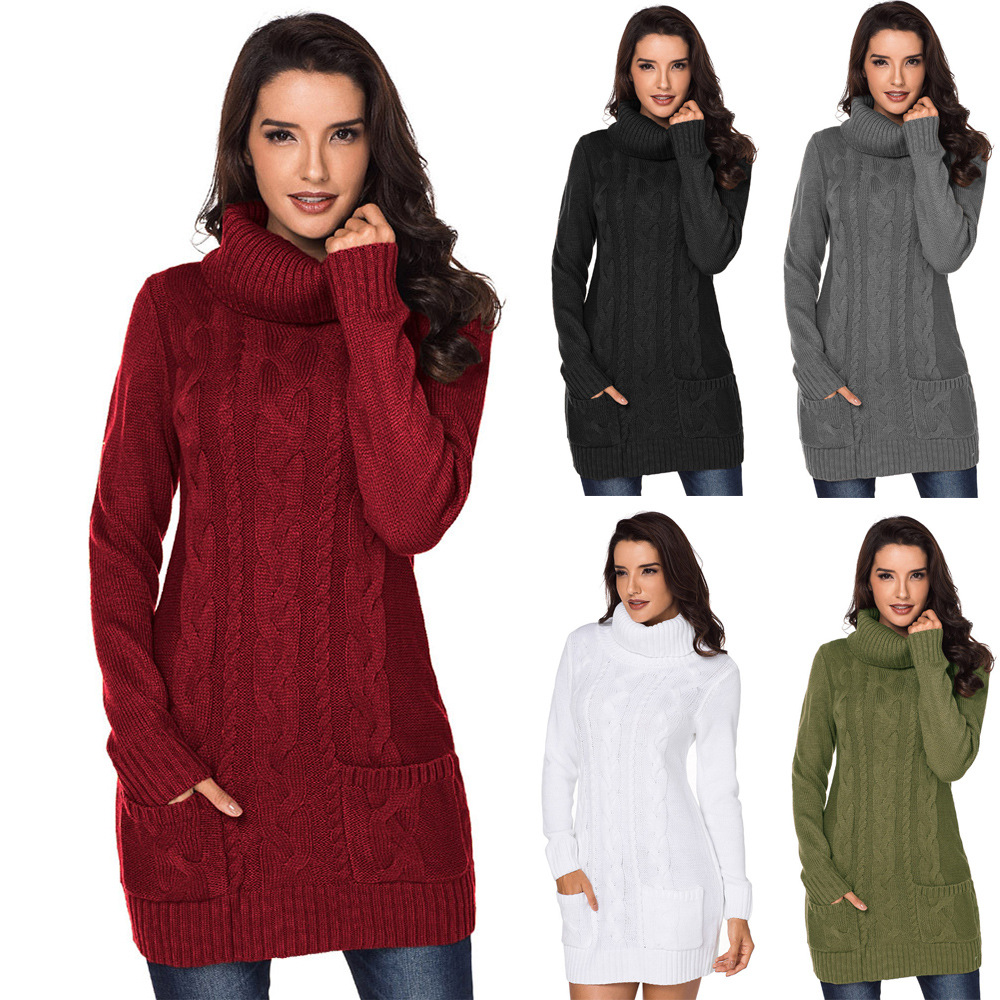 Long Sleeve Turtleneck Sweater Solid Color Ribbed Knit Mid Length Autumn Winter Womens Fashion Wholesale Available
