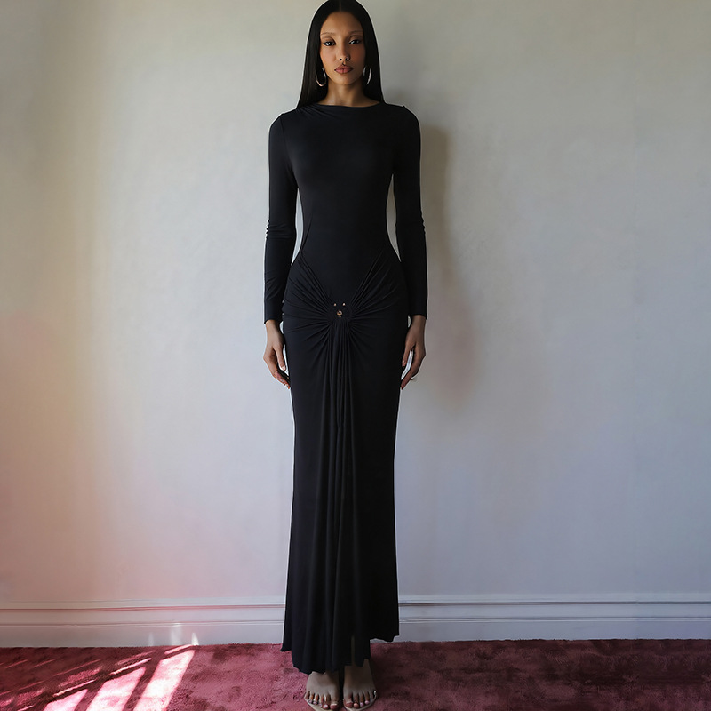 Elegant Long Sleeve Solid Color Dress with Decorative Ring and Tie for Women, Stylish Autumn Collection, Perfect for Various O