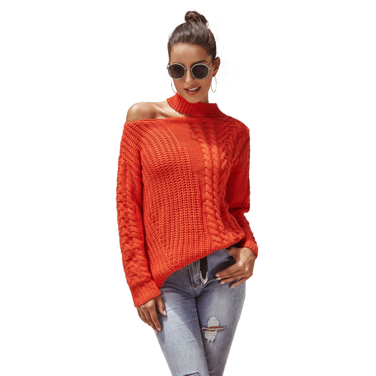 Chunky Knit Off Shoulder Sweater Long Sleeve Round Neck Cozy Fabric Autumn Winter Fashion Wholesale Available