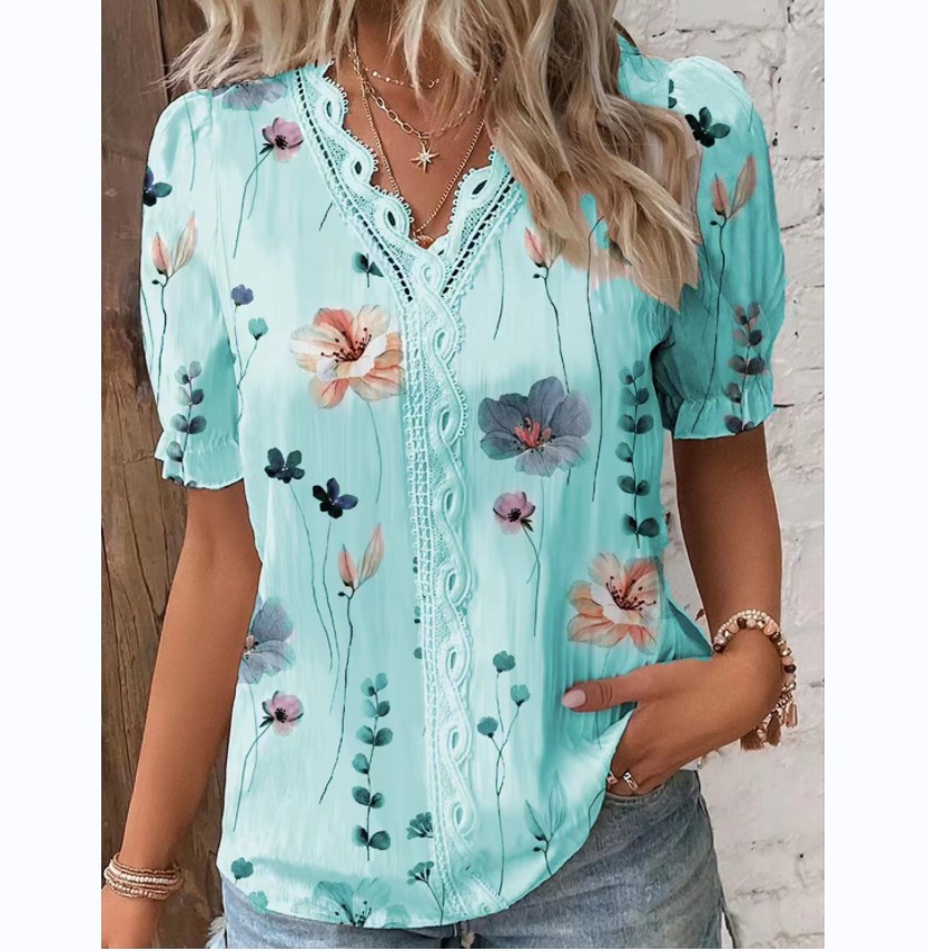 Womens Vintage Floral Lace V Neck T Shirt Comfortable Slim Fit Short Sleeve Summer Casual Wear Ready to Ship