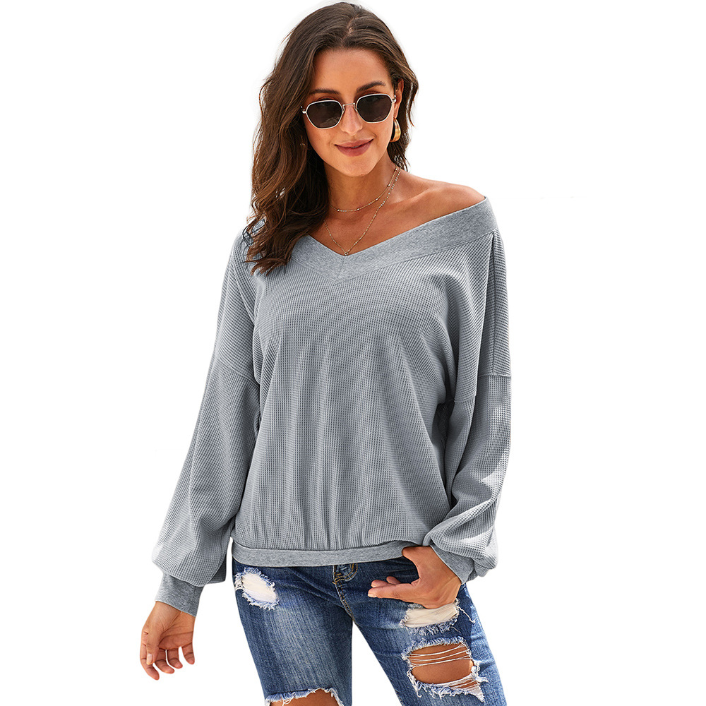 Loose Fit Long Sleeve Womens T Shirt Solid Color V Neck Casual Style Autumn Winter Wear Wholesale Available