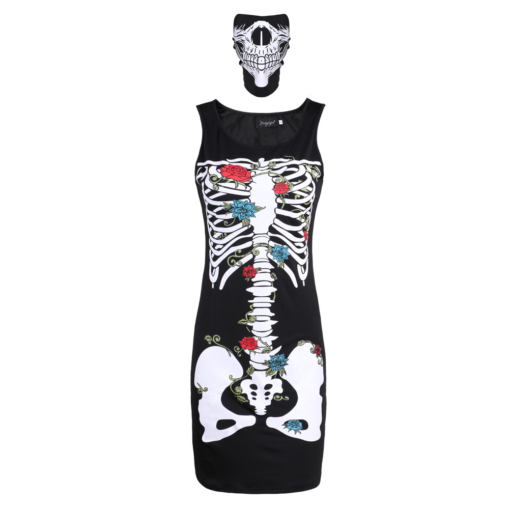 Halloween Costume Dress Sexy Short Skirt Skull Print Mask Included Womens Fashion for Parties Wholesale Available