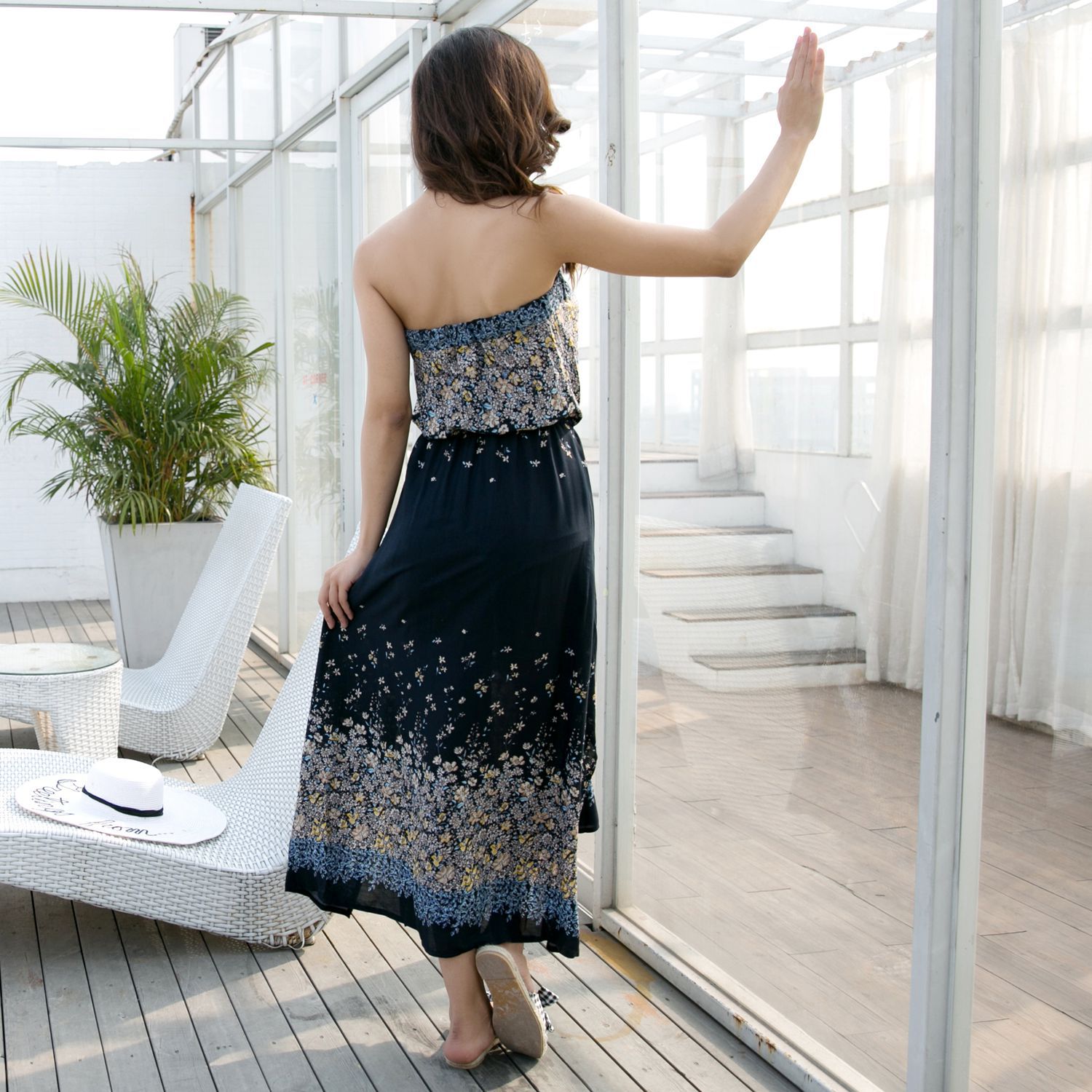 Floral Print Strapless Maxi Dress Bohemian Style Beach Vacation Lightweight Fabric Wholesale Available
