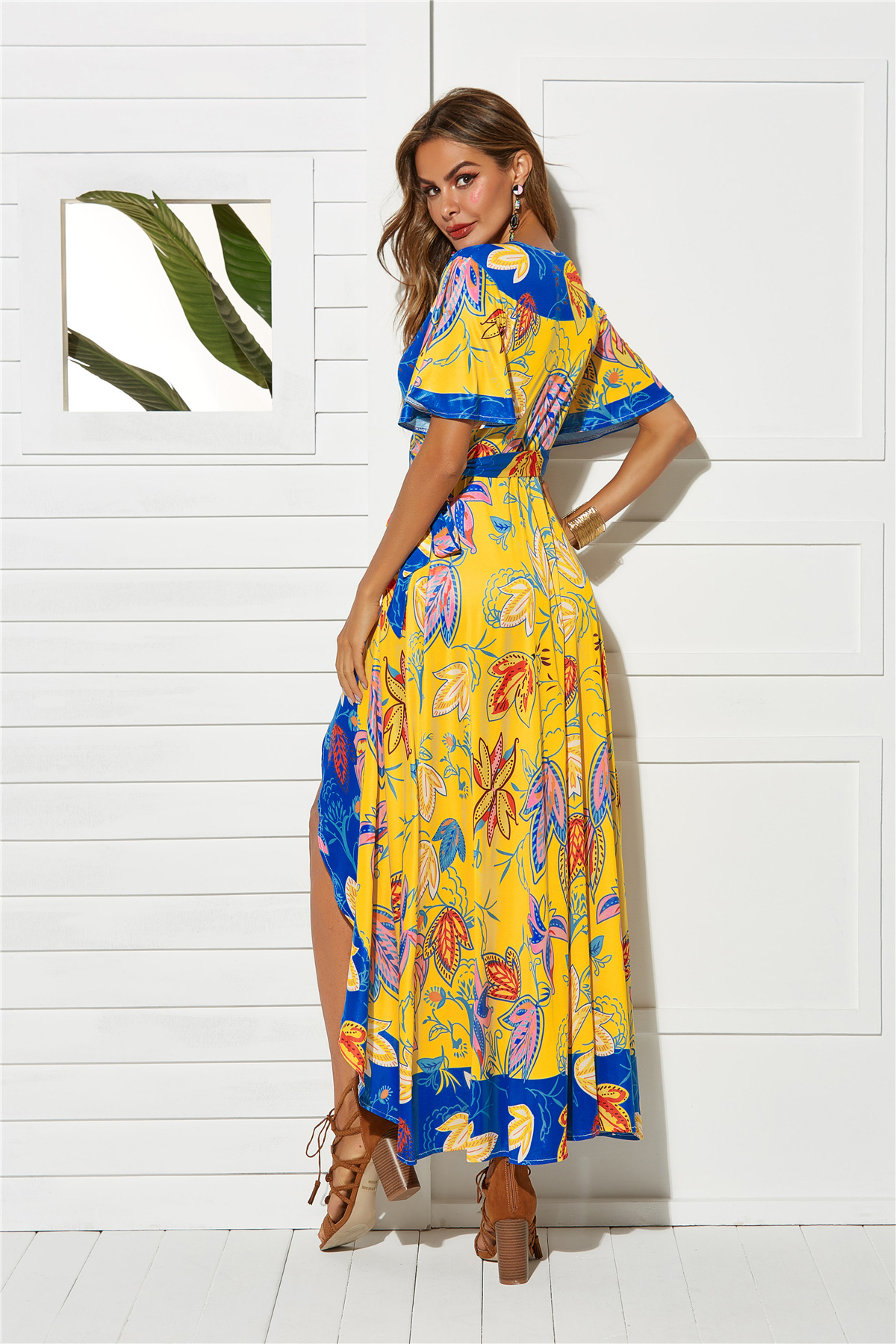 Womens Beach Dress Short Sleeve Sexy V Neck Split Hem Floral Print Vacation Wear Wholesale Available