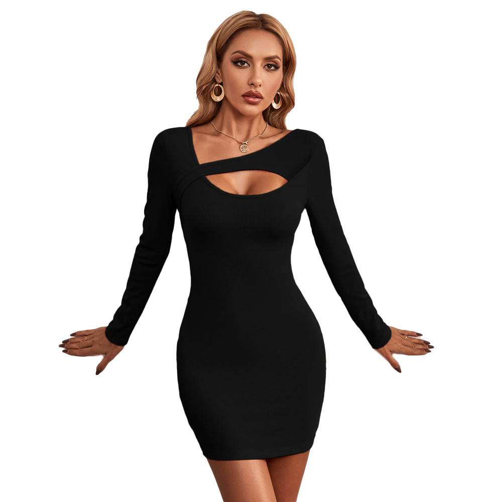 Spring Summer European and American Style Sexy Irregular Neck Bodycon Solid Color Party Dress