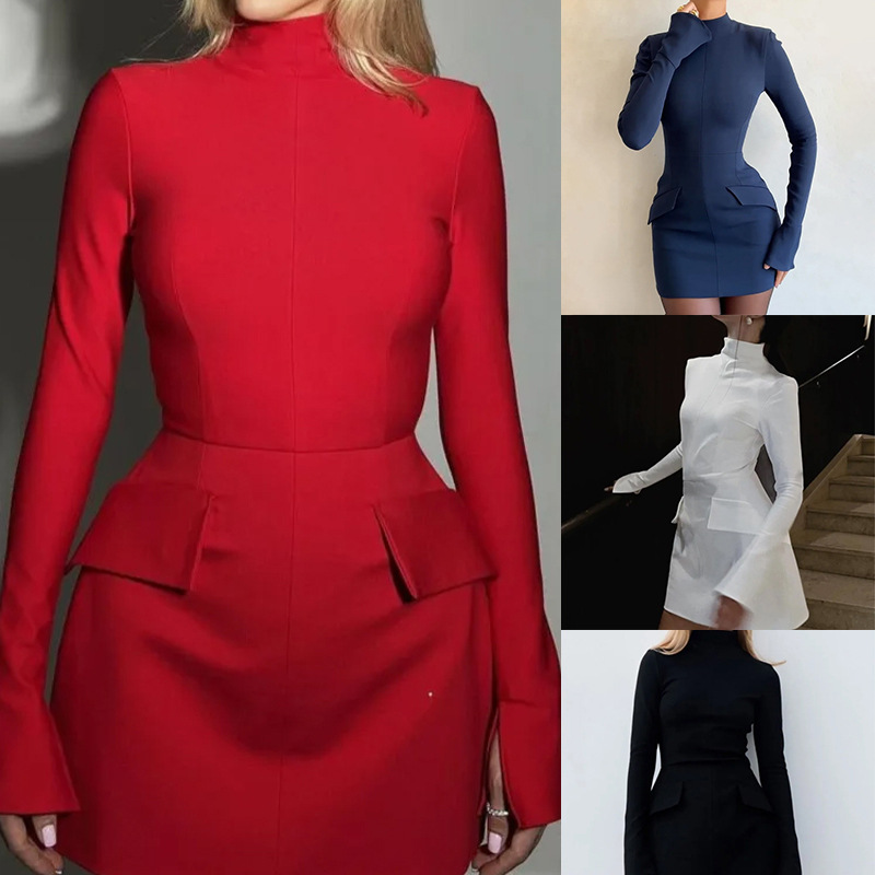 Women's Elegant Slim Fit Long-Sleeve Solid Color Bodycon Dress